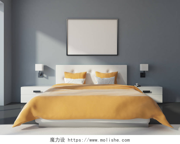 灰色背景墙前的床铺灰色和白色卧室内部有一个混凝土地板, 一张特大号床和一个白色衣柜。水平框架海报。一个特写。3d 渲染模拟